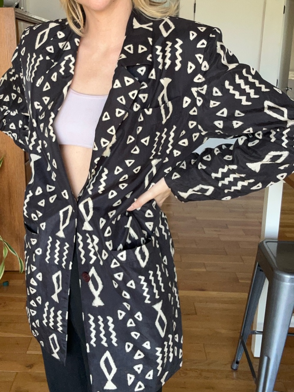 Vintage 80s Silk Tribal Print Blazer Jacket - Ivory Geometric Pattern